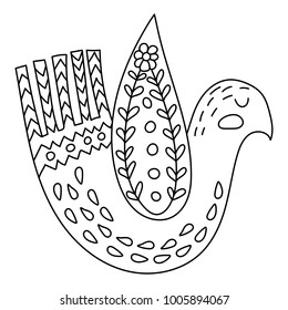 Coloring book or pages for adults. Illustration birds with flowers in a Scandinavian style. Folk art