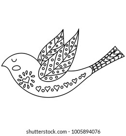 Coloring book or pages for adults. Illustration birds with flowers in a Scandinavian style. Folk art