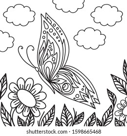 Coloring book pages for adults and kids. Hand drawn vector illustration.  butterfly flowers on a white background. Outline drawing with ornaments and elements for coloring book, print, tattoo. Vector 