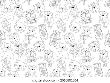 Coloring book pages of animals seamless pattern. Woodland animals – cute bear. Vector illustration.