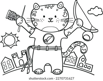 Coloring book pages for capoeira kids. Panther, big cat holding a berimbau. Capoeira illustration for children.