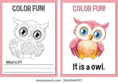 Coloring book pages with cartoon owl illustrations