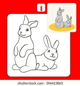 Coloring Book. Coloring book pages with cartoon vector illustration. Kids coloring pages with grey rabbits  the sad swimming. Happy rabbits.