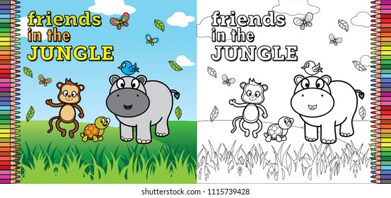 coloring book pages for children, friends in the jungle themes hippopotamus monkey and turtle