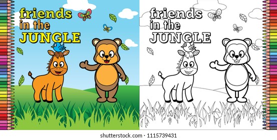 coloring book pages for children, friends in the jungle themes, bear and horse