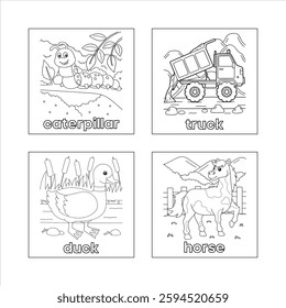 Coloring book pages, children's illustrations,
simple fine drawings, educational flashcards,
caterpillar, dump truck, duck, horse, nature
scenes, farm animals, construction vehicles,
labeled images.