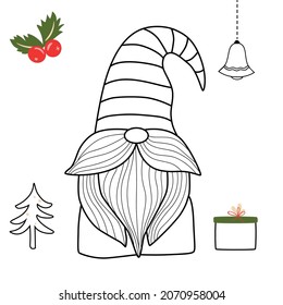 Coloring book pages christmas gnome. Coloring page gnomes. Christmas gnome character. Holiday gnomes. Santa line art vector illustration, Christmas tree, gift box. Winter holiday simple coloring page.