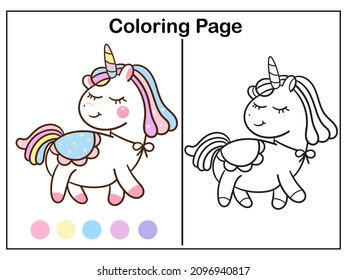 Coloring book pages Cute unicorn cartoon kawaii vector animal horn horse fairytale illustration: Series Worksheet Pony child girly doodle. Illustration isolated on white background. Perfect worksheet.