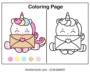 Coloring book pages Cute unicorn cartoon love letter girl kawaii vector animal horn horse fairytale illustration: Series Worksheet Pony child girly doodle. Illustration. Kid activity.