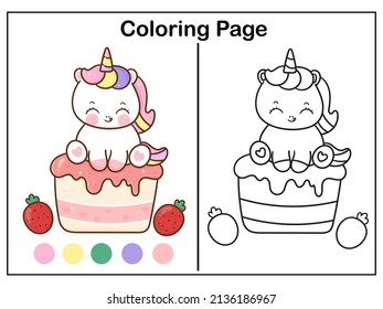 Coloring book pages Cute unicorn cartoon and sweet cupcake girl kawaii vector animal horn horse fairytale illustration: Series Worksheet Pony child girly doodle. Illustration.Kid activity.