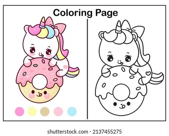 Coloring book pages Cute unicorn cartoon   yummy donut girl kawaii vector animal horn horse fairytale illustration: Series Worksheet Pony child girly doodle  Illustration  Kid activity 