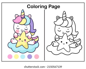 Coloring Book Pages Cute Unicorn Cartoon Sleep And Hug Star: Series Worksheet Kid Activity. Pony Child Girly Doodle. Kawaii Vector Animal Horn Horse Fairytale Illustration.