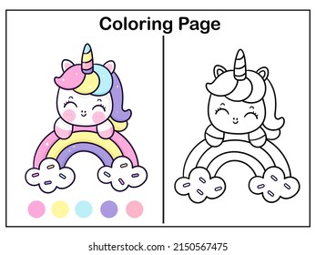 Coloring book pages Cute unicorn cartoon on rainbow: Series Worksheet Kid activity. Pony child girly doodle. Kawaii vector animal horn horse fairytale illustration.