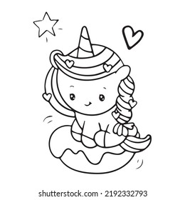 Coloring book pages Cute unicorn cartoon with yummy donut kawaii vector animal horn horse fairytale illustration: Series Worksheet Pony child girly doodle. Illustration isolated on white background