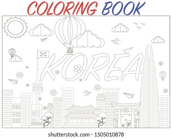 Coloring Book pages for Education and learning for kids and adult with Asian South Korea outline city and country landscape, city view , beautiful background. Creative vector illustration, from set. 