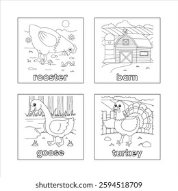 Coloring book pages, farm animals, bamyard
scenes, simple line drawings, educational
lustrations, rooster, bam, goose, turkey, child-
friendly artwork, black and white outlines,
labeled images.