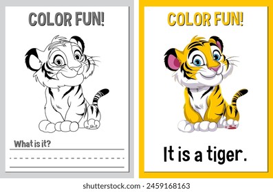 Coloring book pages featuring a cartoon tiger