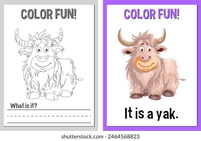 Coloring book pages featuring a cartoon yak
