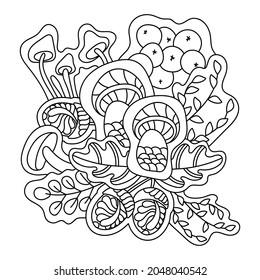 Coloring book pages Forest mushrooms, Acorns, rowan berries and oak leaves in doodle style. Autumn Black and white background. Hand drawn vector illustration.