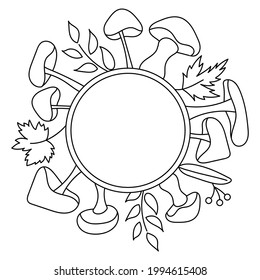 Colorando páginas de libros. Marco dibujado a mano de dibujos de otoño con doodles de champiñones y hojas.