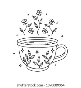 Coloring Book Pages hygge Cups tea or Cozy coffee Mug with floral pattern and different flowers plant ornaments art print elements vector illustration.