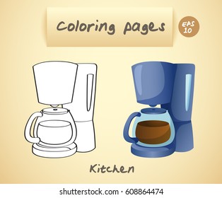 Coloring book pages for kids : Kitchen : Coffee Maker : Vector Illustration