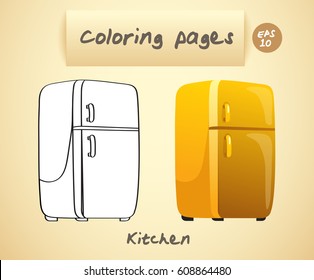 Coloring Book Pages For Kids : Kitchen : Refrigerator : Vector Illustration