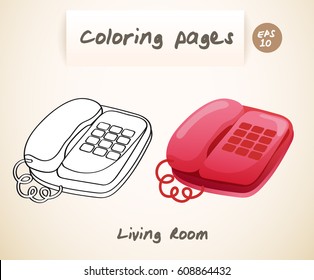 Coloring book pages for kids : Living Room : Telephone : Vector Illustration