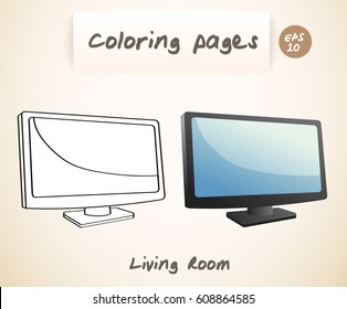 Coloring book pages for kids : Living Room : Television : Vector Illustration