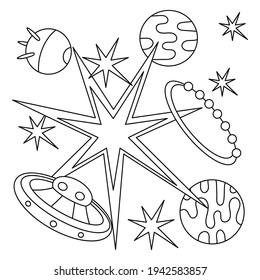 Coloring book pages for kids. Space theme. Stars planets galaxies, alien spaceships . Vector illustration on a white background