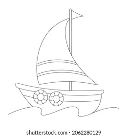 Coloring book pages for kids. Vector black and white contour picture of a cute Sailing vessel, ship at sea.