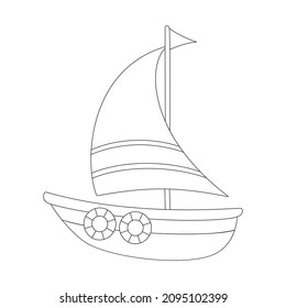 Coloring book pages for kids. Vector black and white contour picture of a Sailing vessel, cute ship.