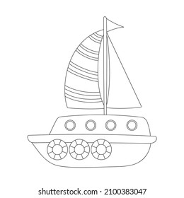Coloring book pages for kids. Vector black and white contour picture of a cute ship, Sailing vessel.