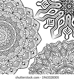 Coloring book pages. Mandala background. Indian antistress medallion. Abstract islamic flower, arabic henna design, yoga symbol. White background, black outline. Vector illustration