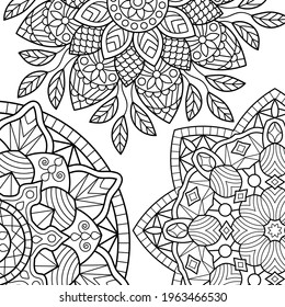 Colorando páginas de libros. Antecedentes de Mandala. Medallón antiestrés indio. Resumen de flor islámica, diseño de henna árabe, símbolo de yoga. Fondo blanco, contorno negro. Ilustración del vector