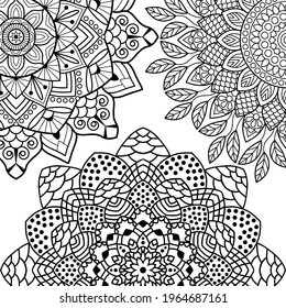 Coloring book pages. Mandala background. Indian antistress medallion. Abstract islamic flower, arabic henna design, yoga symbol. White background, black outline. Vector illustration