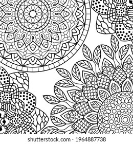 Coloring book pages. Mandala background. Indian antistress medallion. Abstract islamic flower, arabic henna design, yoga symbol. White background, black outline. Vector illustration