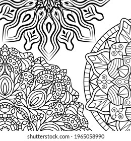 Coloring book pages. Mandala background. Indian antistress medallion. Abstract islamic flower, arabic henna design, yoga symbol. White background, black outline. Vector illustration