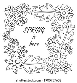 Coloring book pages .Spring is here . Doodle hand drawing Background. Flowers, leaves. Vector illustration.