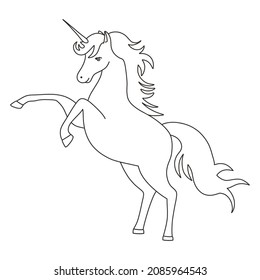 Coloring book pages. Vector black and white contour picture of a cute cartoon unicorn. Fantastic animal. Black and white, linear image.