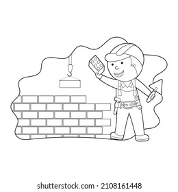 coloring book. paint a cute child in a helmet, building a brick wall, a builder on a construction site, a vector isolated on a white background.