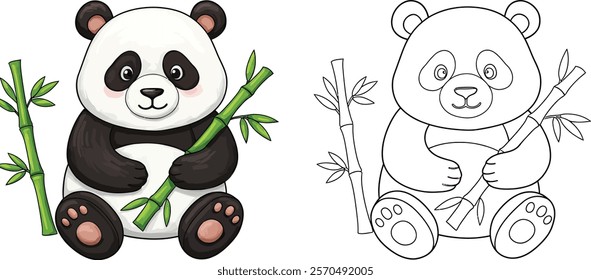 Coloring Book of a Panda Bear Sitting and Eating Bamboo and outline for color fills.