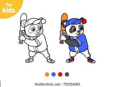 Coloring book, Panda ready hit the ball. Baseball sport