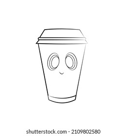 Coloring book, paper cup with coffee character Outline illustration isolated on white background. one line. Coloring book for children and adults. Print for t-shirt, cup, children's clothing Vector