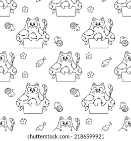 Coloring book. Pattern with cute cartoon cats, funny children's print with pets. Vector illustration