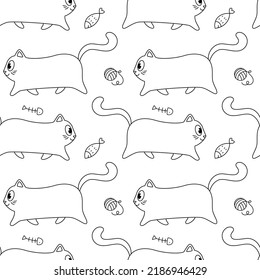 Coloring book. Pattern with cute cartoon cats, funny children's print with pets. Vector illustration
