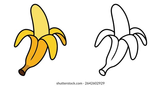 Livro de colorir de uma banana descascada, no fundo branco esboço ilustração vetor