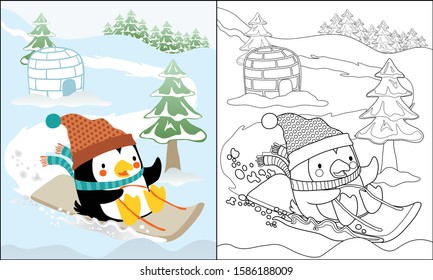 coloring book of penguin cartoon in winter coat on sled in snow land 