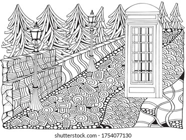 Coloring book. Phone booth door. English Red telephone box. Adult Coloring book page. Firs. Black and white. Lantern shines at night. Coloring book for adult.