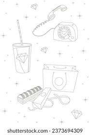 coloring book, phone, drink, mug, paper bag, cookies, macaroons, gingerbread, coffee, rhinestones, diamond, vector